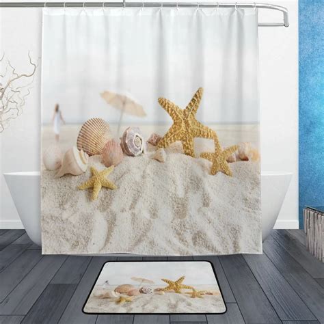 Cute Shower Curtain, Orange Bathroom Curtain Set Starfish Sea