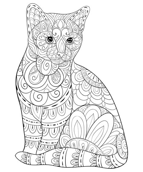 Cute cat with simple Zentangle patterns Cats Adult Coloring Pages