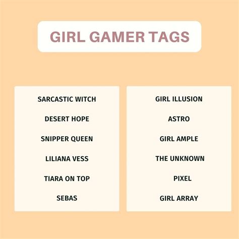 Cute girl gamer tags. Jan 9, 2024 · Cute, funny & catchy Xbox Gamertag Ideas (not taken) for Boys, Girls & some unique gamertags for you to stand out in your online games. Gamer tweak - Play beyond Limit GT Originals 