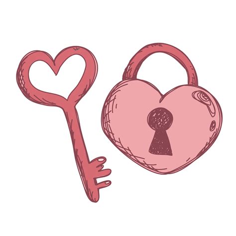 Cute key and lock. Heart shaped padlock with funny keys on a white