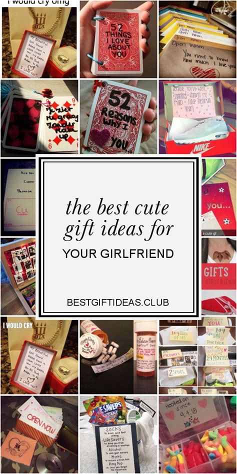 Cute presents for girlfriend. Here, we walk you through some easy and cute gift ideas for girlfriend homemade that are sure to make your girlfriend's heart flutter. DIY Love Notes Jar; Bring a daily dose of love to your girlfriend's life with a DIY love notes jar, filled with colourful notes of love, compliments, and memories. All you need is a pretty jar, some colourful ... 