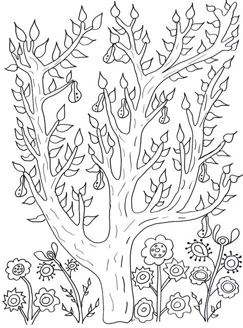 Cute tree with leaves and pears olivier Flowers Adult Coloring Pages