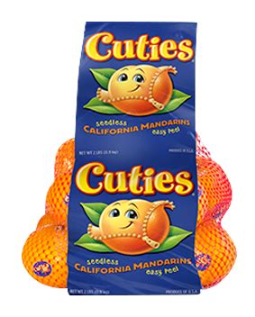 Cuties mandarins. Clementines, commonly sold under brand names like Cuties or Halos, are the smallest of the bunch, with a deeper orange, glossy skin and typically seedless interior. … 