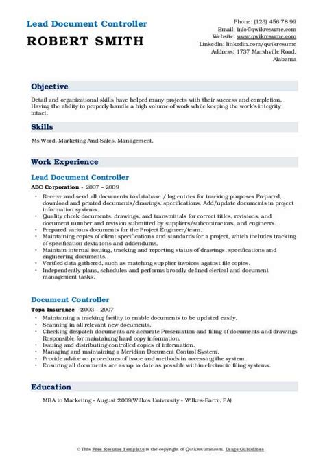 Cv For Document Controller Word Document Control Supervisor Resume