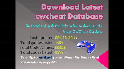 Cwcheat database.  The cheat code database can be updated as the CWCheat website updates its ...