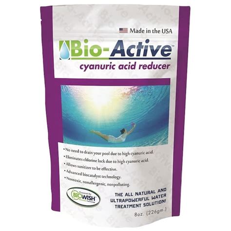 BULLET POINTS: Contains 100% Cyanuric Acid Decreases Chlorine Loss due to UV Rays Improved the Effectiveness of Chlorine Cut Chlorine Consumption by up to 25% Easy to Use Keeps Pools Clean and Clear How to use: The ideal cyanuric acid level in a pool is generally between 30-50 parts per million (ppm).