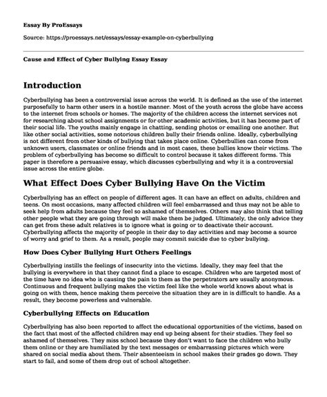 Cyber Bullying Essay Examples (Causes and Effects) - Free Argumenta…