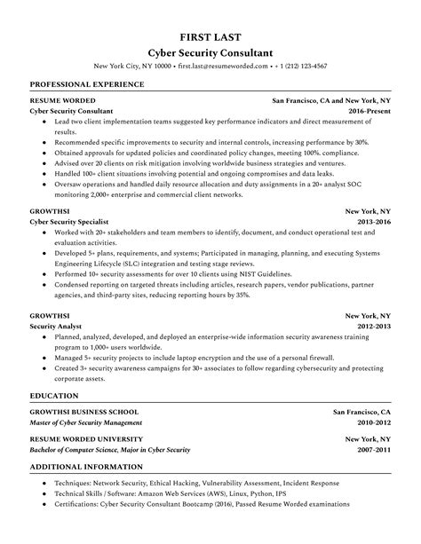 Cyber security resume. Learn how to create a resume that showcases your skills, experience and training for cybersecurity jobs. Find tips, a template and an example to guide you. 