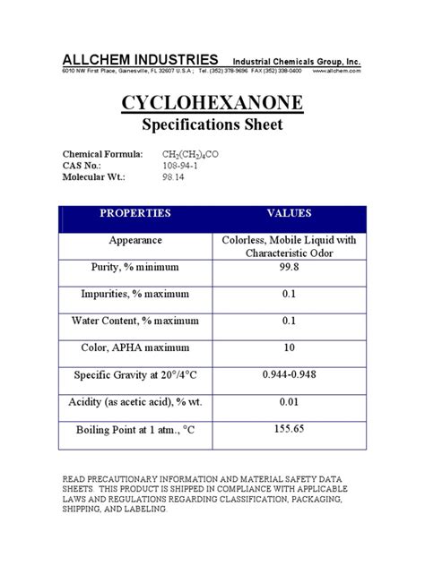 Cyclohexanone Specifications Sheet PDF