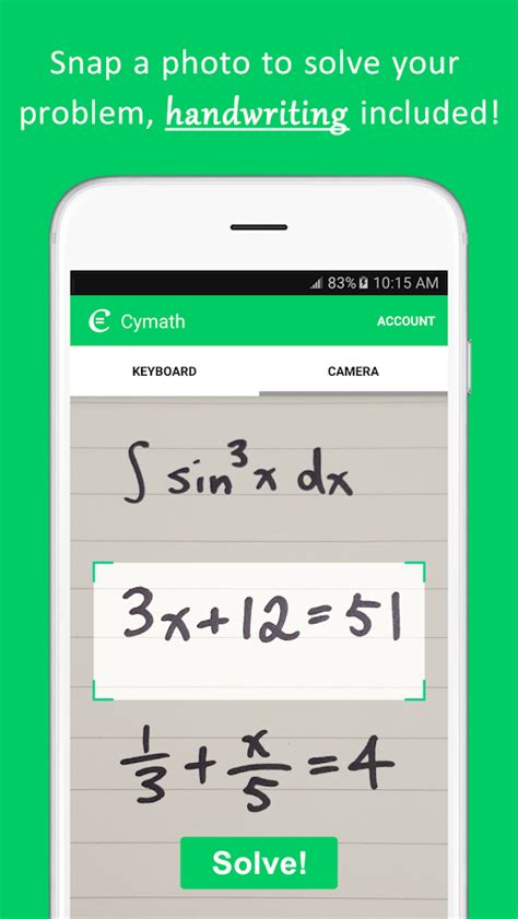 Cymath math problem solver. Cymath - Math Problem Solver 2.44 APK description With millions of Cymath.com users worldwide, the Cymath math problem solver app uses the same math engine while letting you solve problems on the go! Just enter a problem from your math homework, and let Cymath solve it for you step-by-step! We provide algebra as well as … 
