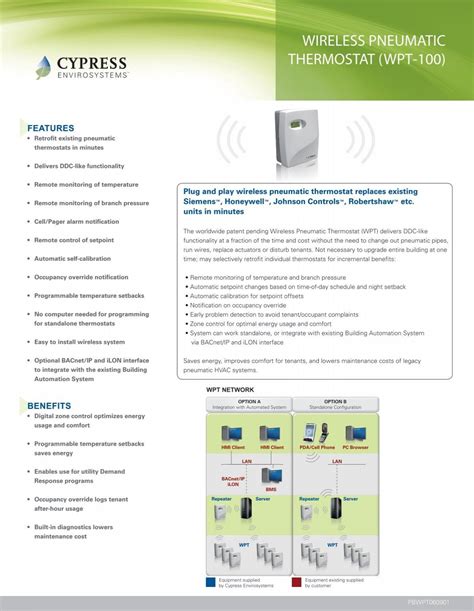 Cypress pneumatic thermostats.  Wireless Pneumatic Thermostat.  Including Model WPT-DB - Deadban...