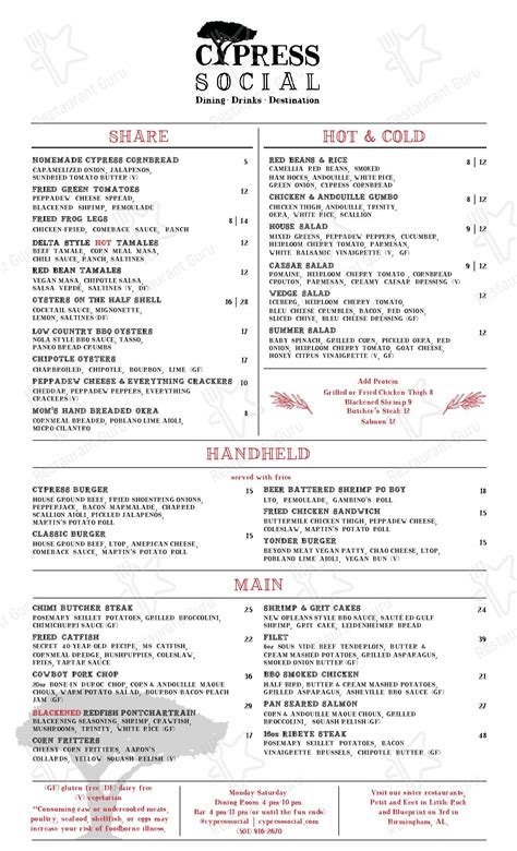 Cypress social menu. Sep 25, 2023 · 501.916.2670. Monday-Saturday. Dining | 4 pm-10 pm. Bar | 4 pm-11 pm. 7103 Cock of the Walk Lane. North Little Rock, AR 72113. 