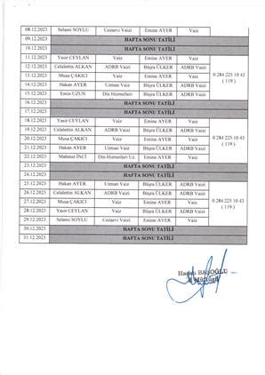 DÖNEM (EKİM-KASIM-ARALIK) VAAZ-İRŞAT VE MERKEZİ EZAN PROGRAMI.