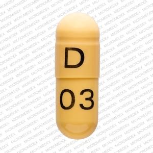 D 03 yellow capsule pill. Enter the imprint code that appears on the pill. Example: L484; Select the the pill color (optional). Select the shape (optional). Alternatively, search by drug name or NDC code using the fields above. Tip: Search for the imprint first, then refine by color and/or shape if you have too many results. 