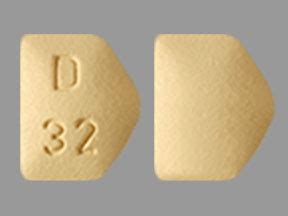 D 32 house shaped pill. Enter the imprint code that appears on the pill. Example: L484; Select the the pill color (optional). Select the shape (optional). Alternatively, search by drug name or NDC code using the fields above. Tip: Search for the imprint first, then refine by color and/or shape if you have too many results. 