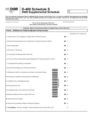 Once completed you can sign your fillable form or send for signing. All forms are printable and downloadable. D-400 Schedule S- Webfill (North Carolina) On average this form takes 11 minutes to complete. The D-400 Schedule S- Webfill (North Carolina) form is 3 pages long and contains: BROWSE NORTH CAROLINA FORMS. Fill in your chosen form.