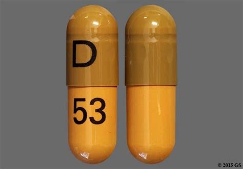 D 53 capsule pill. Enter the imprint code that appears on the pill. Example: L484; Select the the pill color (optional). Select the shape (optional). Alternatively, search by drug name or NDC code using the fields above. Tip: Search for the imprint first, then refine by color and/or shape if you have too many results. 