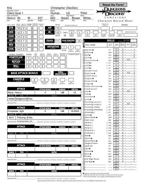 D D 3 5 Printable Character Shee