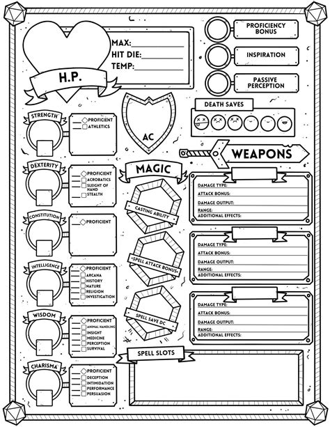 D d character sheet pdf. Dungeons and Dragons 5th Edition Character Sheet. DUNGEONS DRAGONS@ CHARACTER NAME CLASS & LEVEL RACE INITIATIVE BACKGROUND ALIGNMENT SPEED PLAYER … 