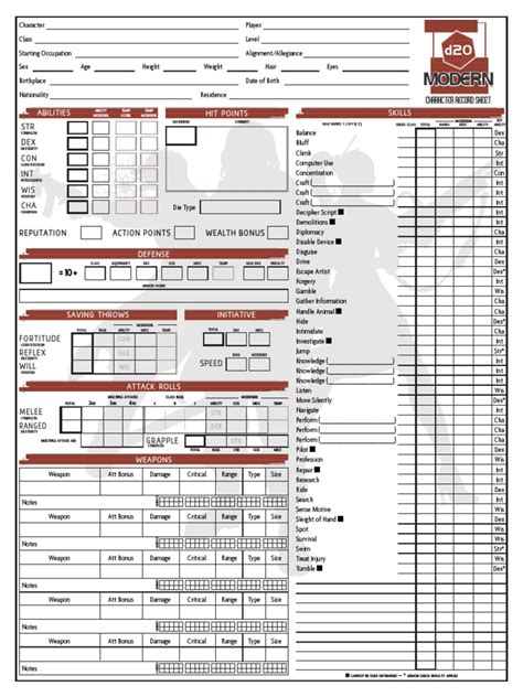 D20 Modern Character Sheet D20 System Tabletop Games