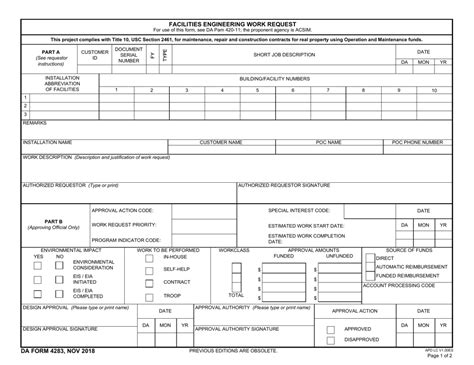 DA FORM 4283 – Facilities Engineering Work Request