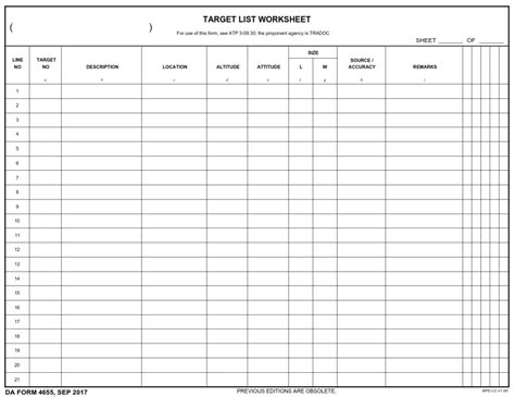 DA FORM 4655 Target List Worksheet Army Pubs DA Form