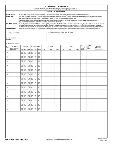 DA Form 1506 Statement Of Service