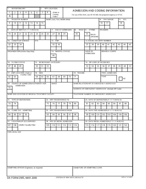 DA Form 2985 Download Fillable PDF or Fill Online Admission and Coding