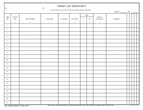DA Form 4655 r Download Fillable PDF Target List Worksheet