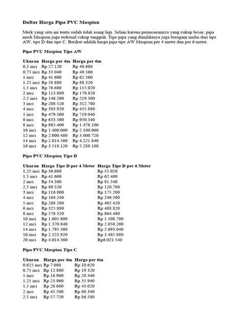 Daftar Harga Pipa PVC Maspion 2023 | PDF - Scribd - raincitystudios.com