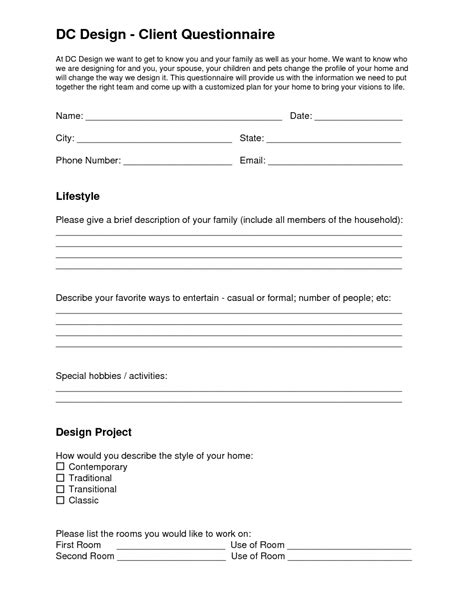 DC Design Client Questionnaire Design clients, Interior design
