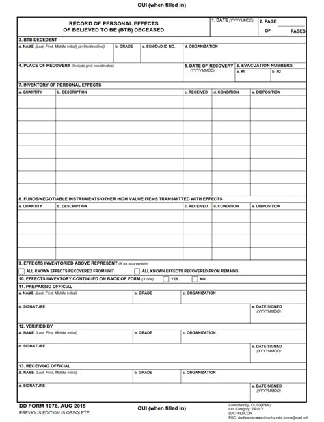 DD Form 1076, Record of Personal Effects of Believed To Be