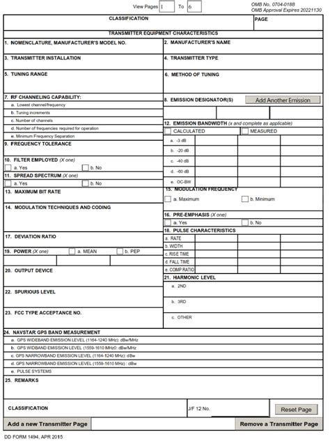 DD Form 1494 Application for Equipment Frequency Allocation DD Forms