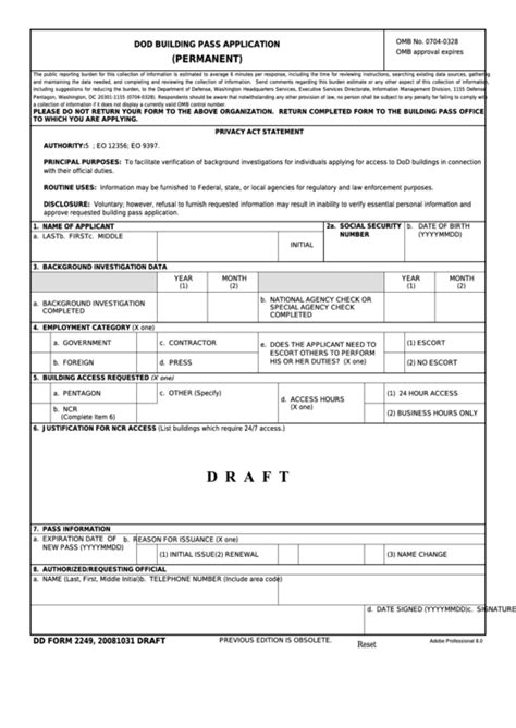 DD Form 2249 Download Fillable PDF or Fill Online DoD Building Pass