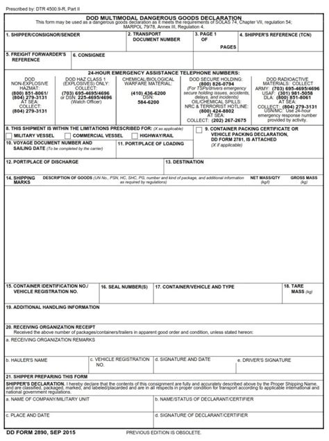 DD Form 2890 DoD Multimodal Dangerous Goods Declaration DD Forms