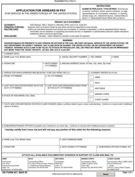 DD Form 827, Application for Arrears in Pay, March 1985