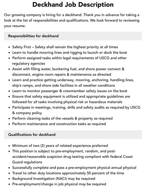 DECKHAND, FISHING VESSEL - Job Description