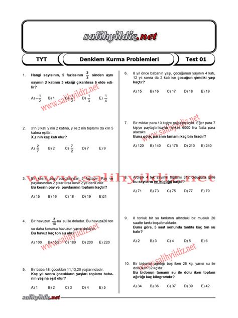 DENKLEM KURMA PROBLEMLERİ Test -1 PDF4PRO. 