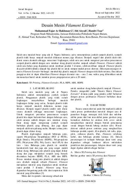 Desain Mesin Filament Extruder | JURNAL INTEGRASI - raincitystudios.com