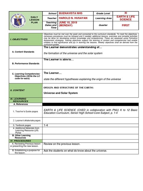 DETAILED LESSON PLAN Earth and Life Sciences Grade 11 …