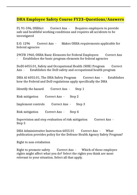 DHA Employee Safety Course Exam Answers Guide