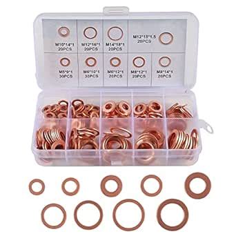 DIANN 200pcs Flat Copper Washer Assortment Set 9 Sizes M5-M14 O Ring ...