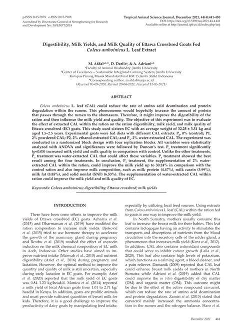 Digestibility, Milk Yields, and Milk Quality of Ettawa Crossbred Goats ... - raincitystudios.com