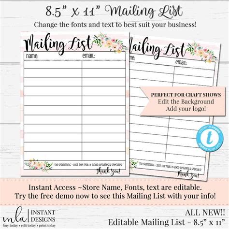 DIY Mailing List Editable Mailing List Form DIY Form Full Etsy