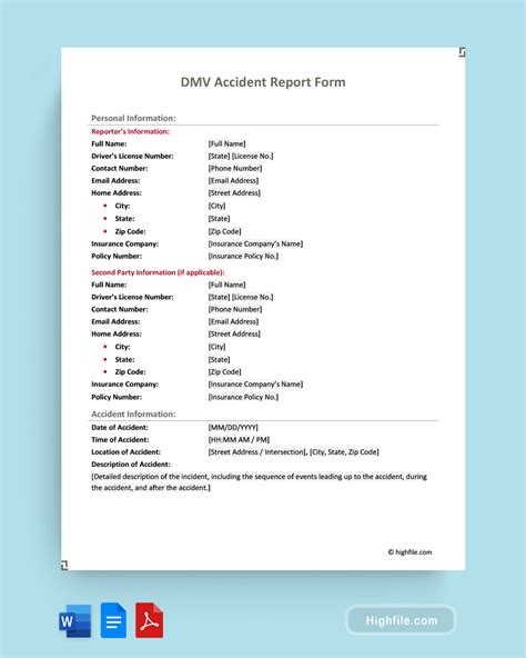 DMV Accident Report Form Word PDF Google Docs Highfile