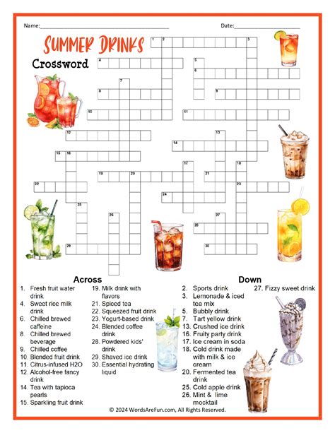 DRINKS CROSSWORD B& W + KEY INCLUDED ESL worksheet by Ell