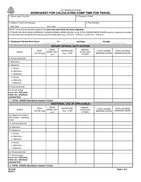 DS 5106 Worksheet for Caclulating Comp Time for Travel Form Fill Out
