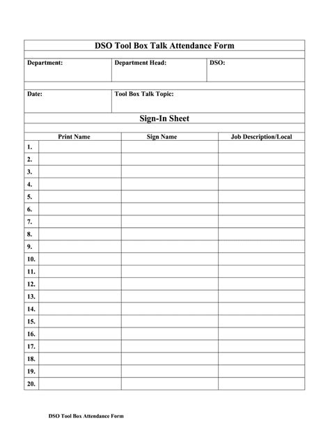 DSO Tool Box Talk Attendance Form Fill and Sign Printable Template Online US Legal Forms