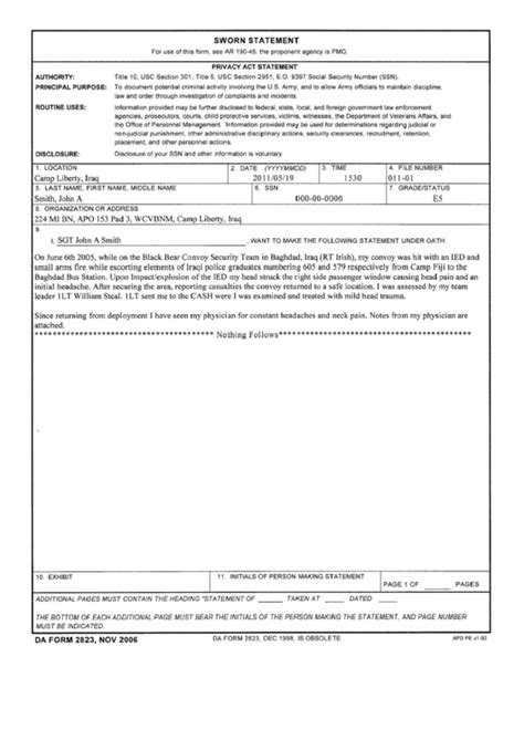 Da form 2823 10 Sworn Statement Example in 2020 Statement template