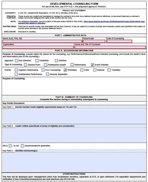 This form will be destroyed upon: reassignment (other than rehabilitative transfers), separation at ETS, or upon retirement. For separation requirements and notification of loss of benefits/consequences see local directives and AR 635-200. DA FORM 4856, JUL 2014 PREVIOUS EDITIONS ARE OBSOLETE. APD LC v1.03ES. Page 1 of 2 . 